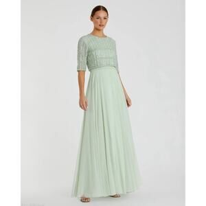 MAC DUGGAL 9180 Chiffon Gown Beaded 3/4 Sleeves Size 6 High Neckline Sage NWOT